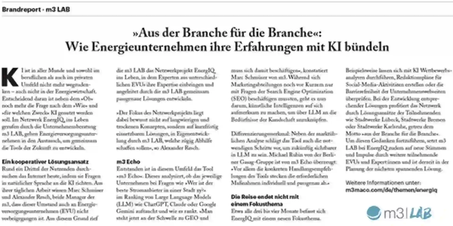 m3 echo in einer Handelsblatt-Sonderausgabe